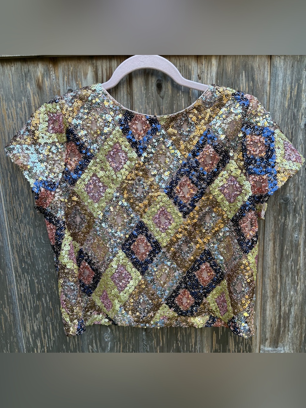 Vintage-Style Eva Franco Embellished Harlequin Sequin Top Size S Festival Party